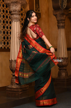 Parampara ~ Pure Cotton Saree in Regal Dark Green with Exclusive Zari Border & Pallu - verymuchindian.com