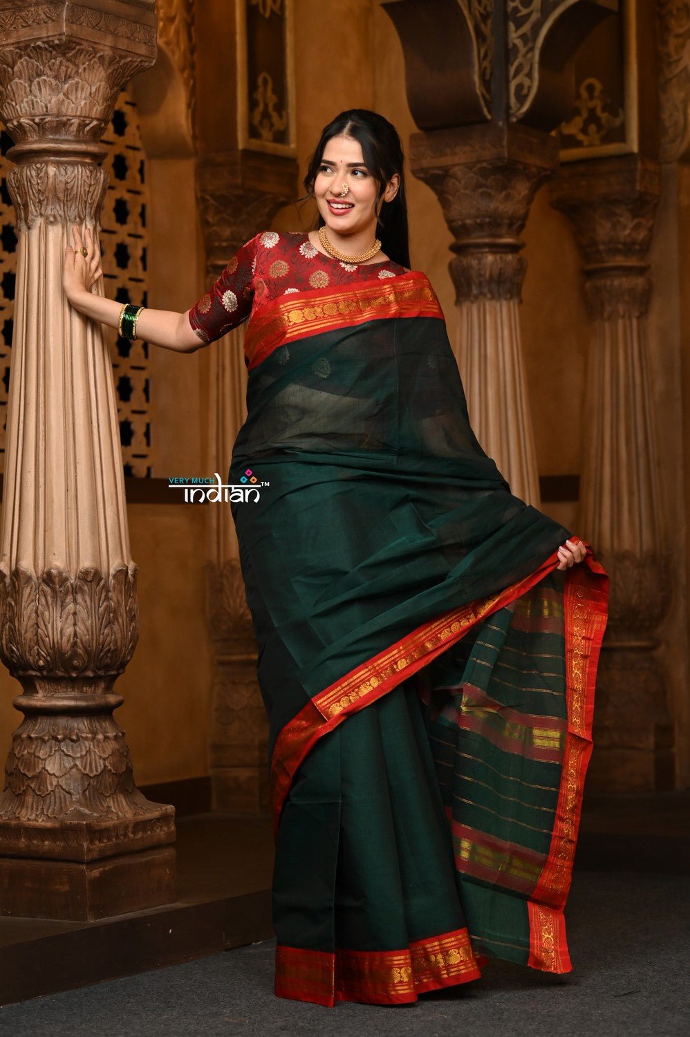 Parampara ~ Pure Cotton Saree in Regal Dark Green with Exclusive Zari Border & Pallu - verymuchindian.com