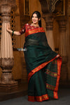 Parampara ~ Pure Cotton Saree in Regal Dark Green with Exclusive Zari Border & Pallu - verymuchindian.com