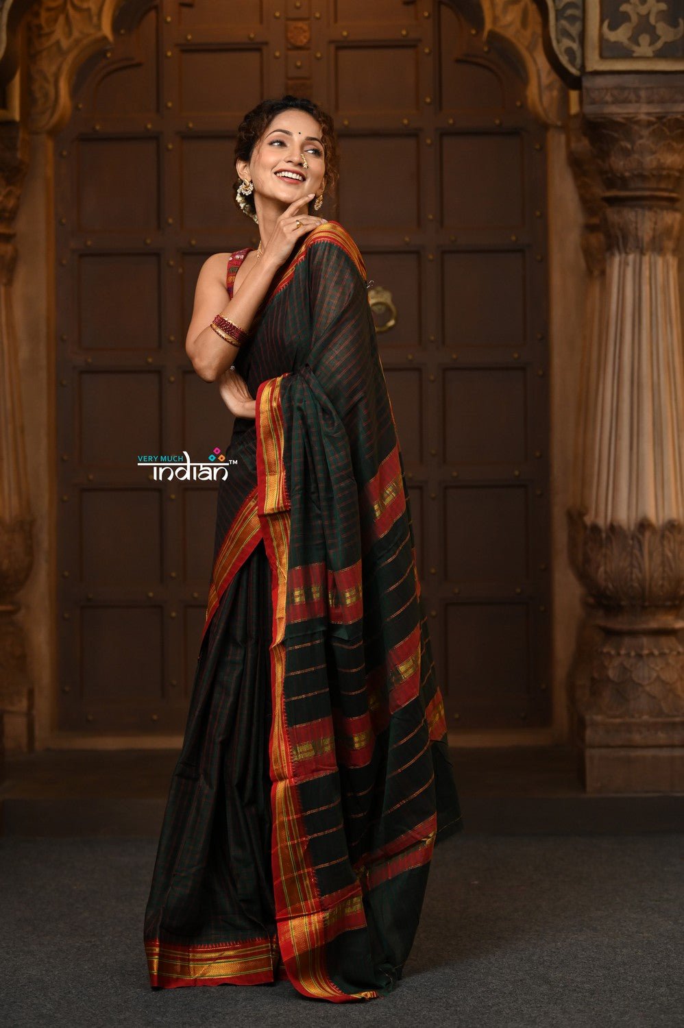 Parampara ~ Pure Cotton Saree in Regal Dark Green with Zari Border & Pallu - verymuchindian.com