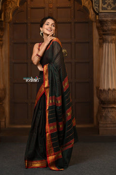Parampara ~ Pure Cotton Saree in Regal Dark Green with Zari Border & Pallu - verymuchindian.com