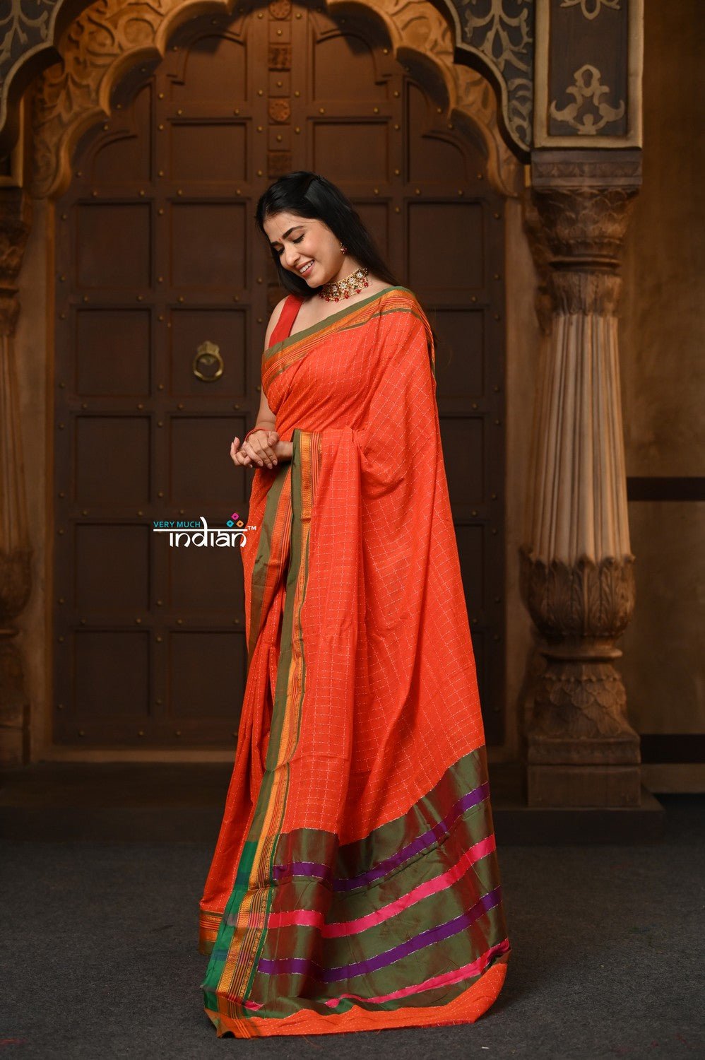 Parampara ~ Pure Cotton Saree in Regal Gleaming Orange with Exclusive Zari Border & Pallu - verymuchindian.com