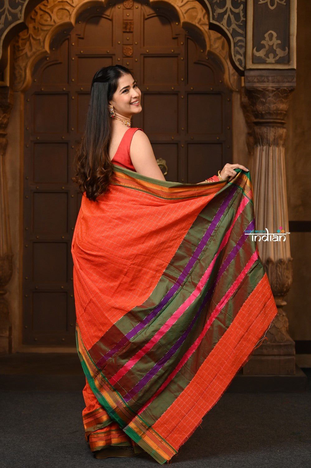 Parampara ~ Pure Cotton Saree in Regal Gleaming Orange with Exclusive Zari Border & Pallu - verymuchindian.com