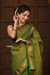 Parampara ~ Pure Cotton Saree in Regal Leaf Green with Zari Border & Pallu - verymuchindian.com