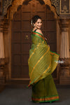Parampara ~ Pure Cotton Saree in Regal Leaf Green with Zari Border & Pallu - verymuchindian.com