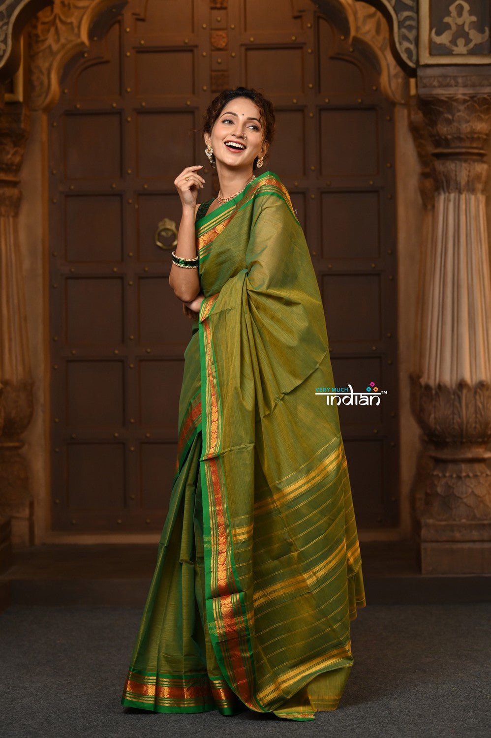 Parampara ~ Pure Cotton Saree in Regal Leaf Green with Zari Border & Pallu - verymuchindian.com