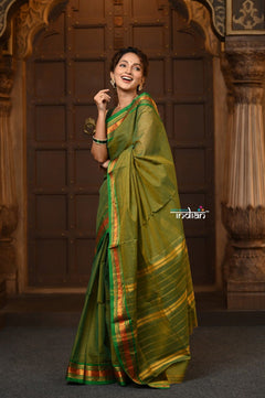 Parampara ~ Pure Cotton Saree in Regal Leaf Green with Zari Border & Pallu - verymuchindian.com