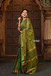 Parampara ~ Pure Cotton Saree in Regal Leaf Green with Zari Border & Pallu - verymuchindian.com