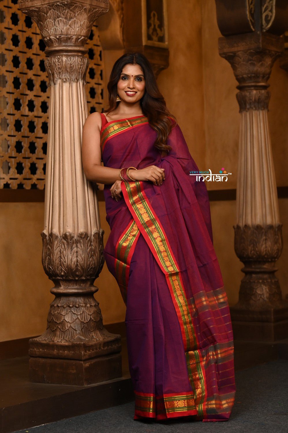 Parampara ~ Pure Cotton Saree in Regal Magnetic Maroon with Exclusive Zari Border & Pallu - verymuchindian.com
