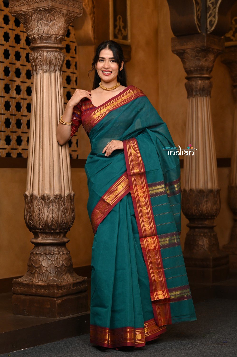 Parampara ~ Pure Cotton Saree in Regal Peacock Blue Green with Exclusive Zari Border & Pallu - verymuchindian.com