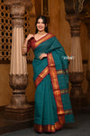 Parampara ~ Pure Cotton Saree in Regal Peacock Blue Green with Exclusive Zari Border & Pallu - verymuchindian.com