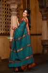 Parampara ~ Pure Cotton Saree in Regal Peacock Blue Green with Exclusive Zari Border & Pallu - verymuchindian.com