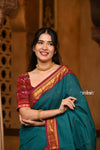 Parampara ~ Pure Cotton Saree in Regal Peacock Blue Green with Exclusive Zari Border & Pallu - verymuchindian.com