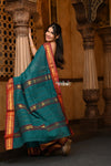 Parampara ~ Pure Cotton Saree in Regal Peacock Blue Green with Exclusive Zari Border & Pallu - verymuchindian.com