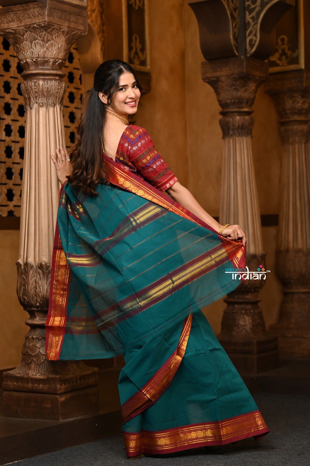 Parampara ~ Pure Cotton Saree in Regal Peacock Blue Green with Exclusive Zari Border & Pallu - verymuchindian.com