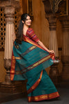 Parampara ~ Pure Cotton Saree in Regal Peacock Blue Green with Exclusive Zari Border & Pallu - verymuchindian.com