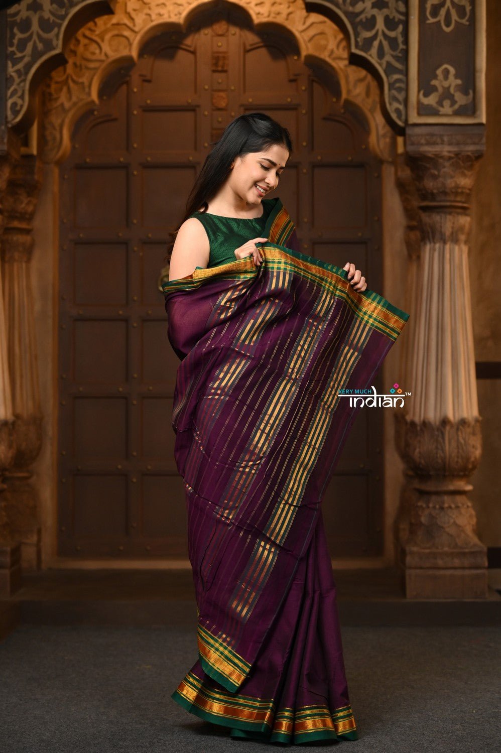 Parampara ~ Pure Cotton Saree in Regal Purple with Zari Border & Pallu - verymuchindian.com