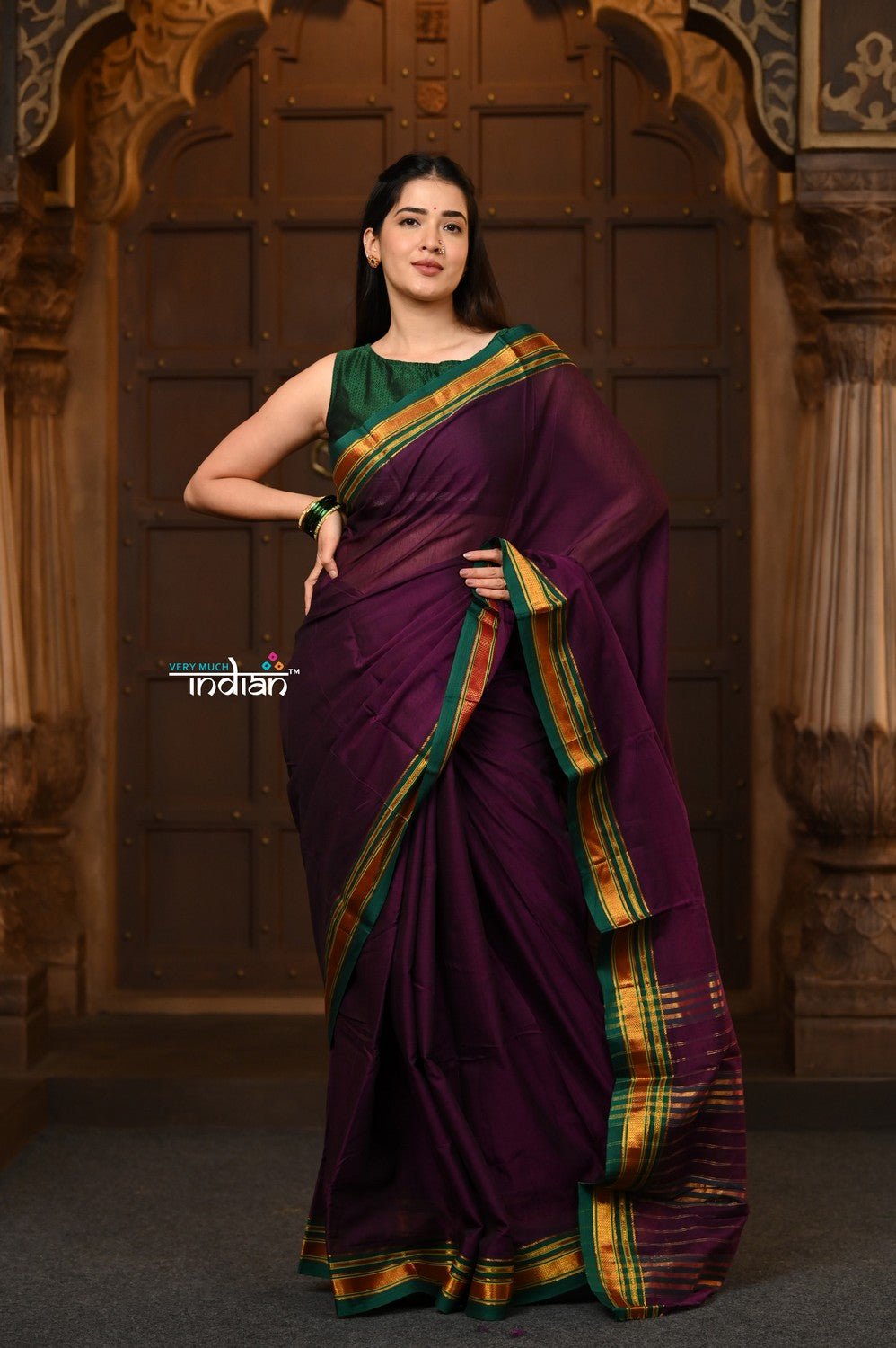 Parampara ~ Pure Cotton Saree in Regal Purple with Zari Border & Pallu - verymuchindian.com