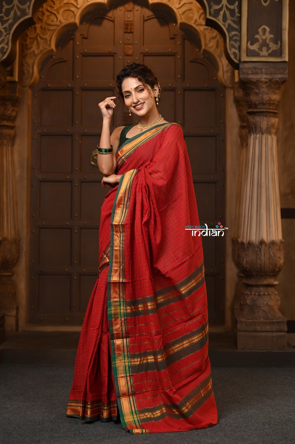 Parampara ~ Pure Cotton Saree in Regal Red with Zari Border & Pallu - verymuchindian.com