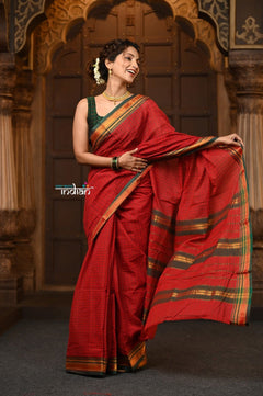 Parampara ~ Pure Cotton Saree in Regal Red with Zari Border & Pallu - verymuchindian.com