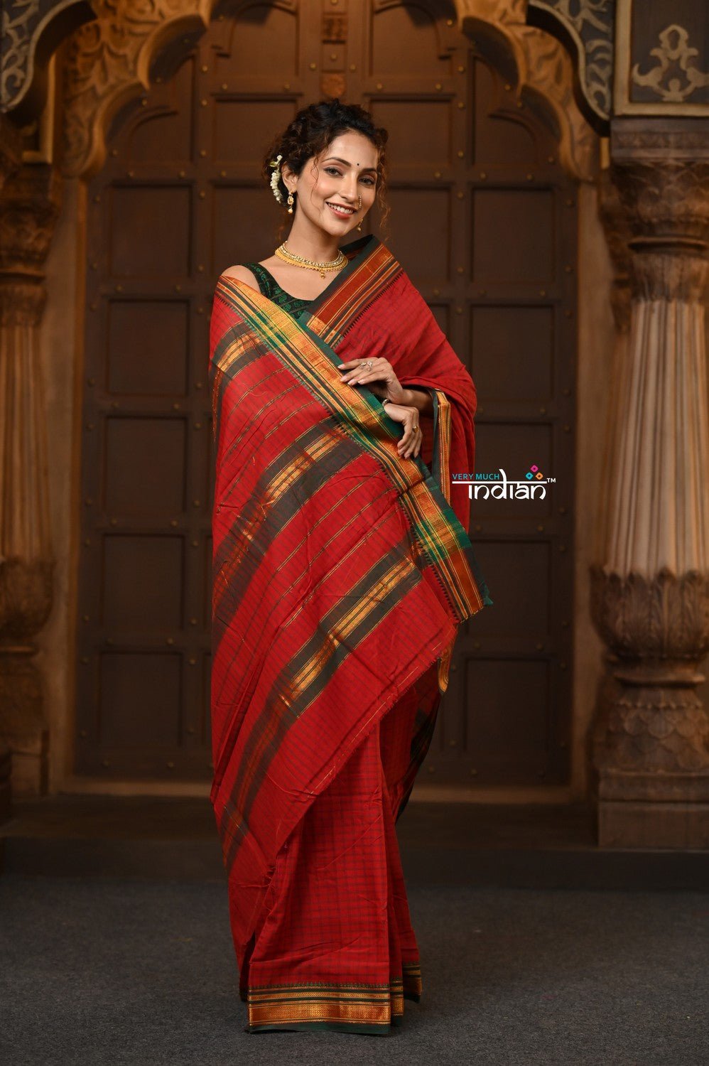 Parampara ~ Pure Cotton Saree in Regal Red with Zari Border & Pallu - verymuchindian.com