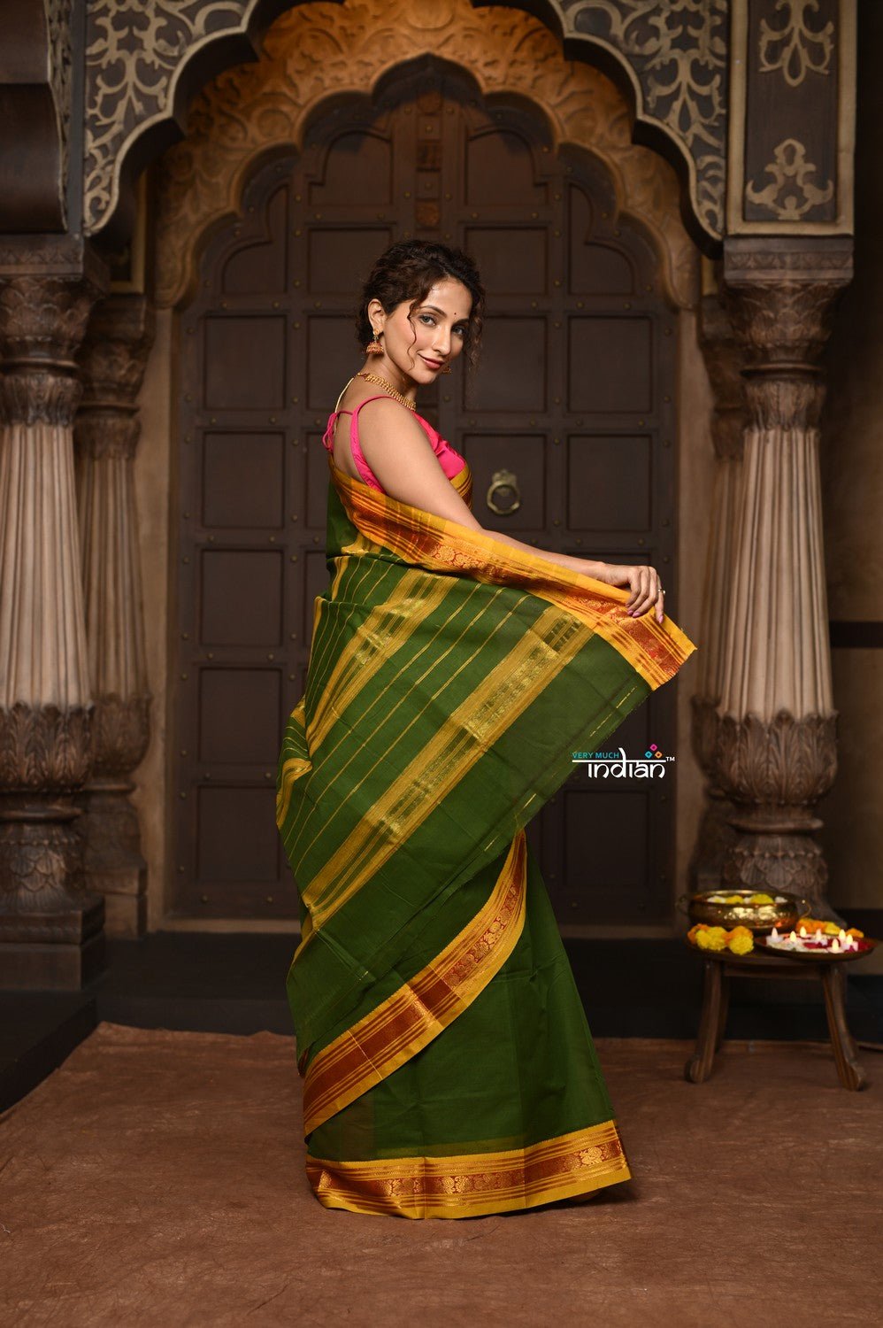 Parampara ~ Pure Cotton Saree in Regal Royal Green with Zari Border & Pallu - verymuchindian.com