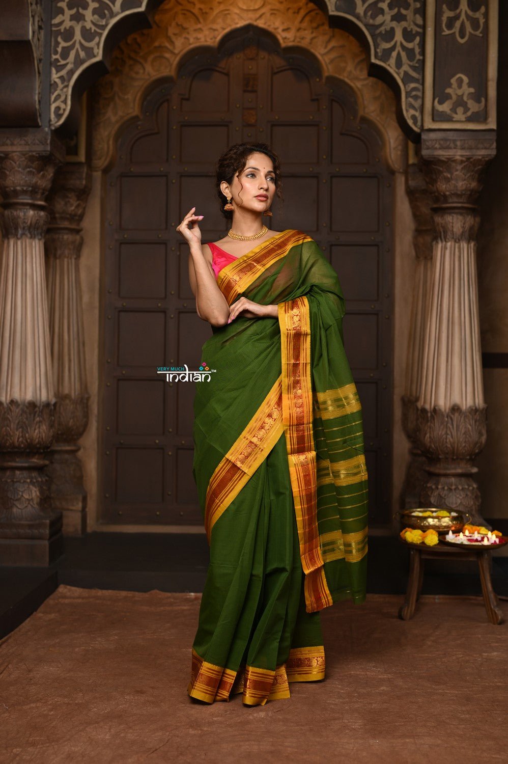 Parampara ~ Pure Cotton Saree in Regal Royal Green with Zari Border & Pallu - verymuchindian.com