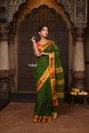 Parampara ~ Pure Cotton Saree in Regal Royal Green with Zari Border & Pallu - verymuchindian.com