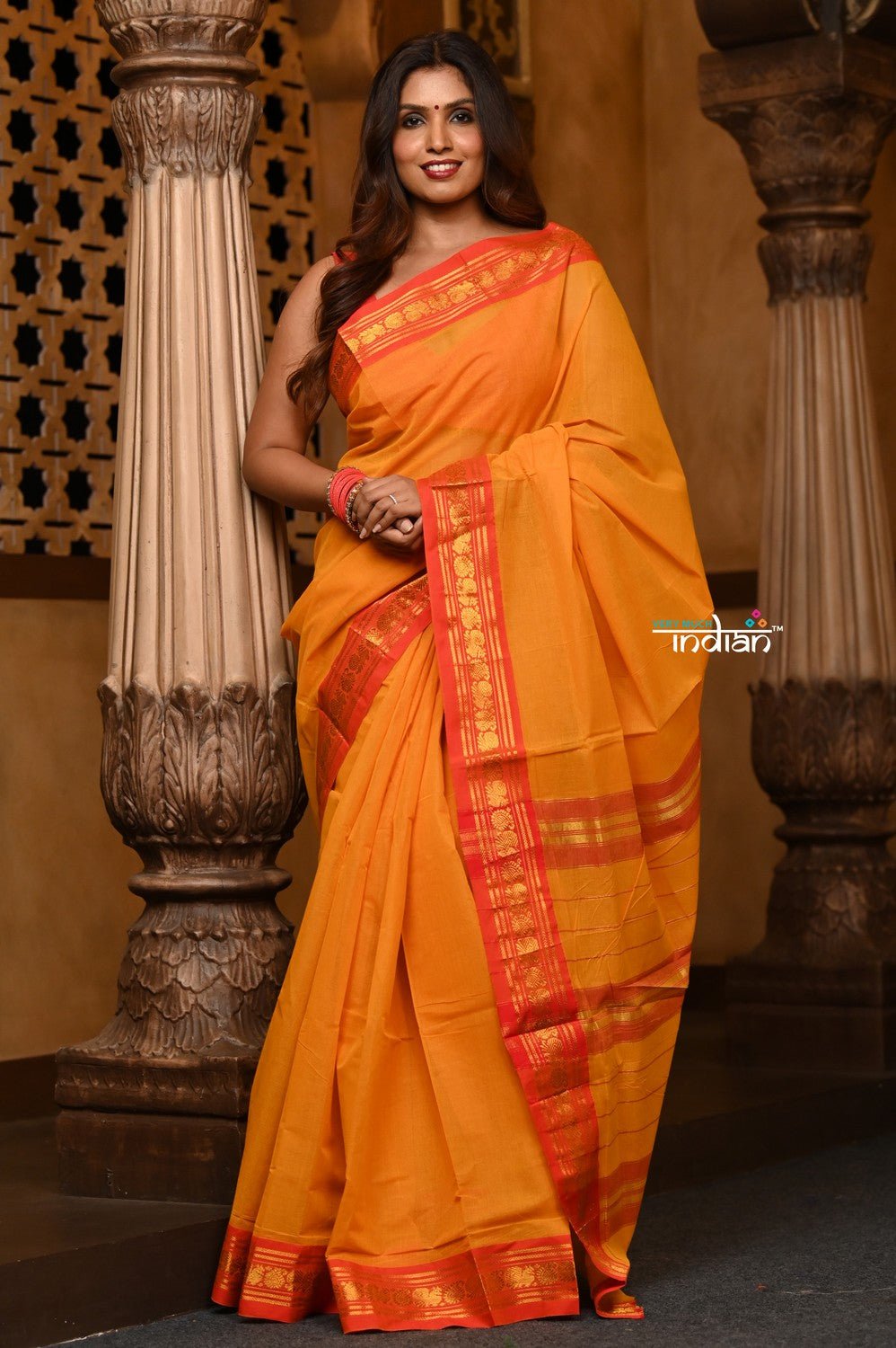 Parampara ~ Pure Cotton Saree in Regal Saphire Yellow with Exclusive Zari Border & Pallu - verymuchindian.com