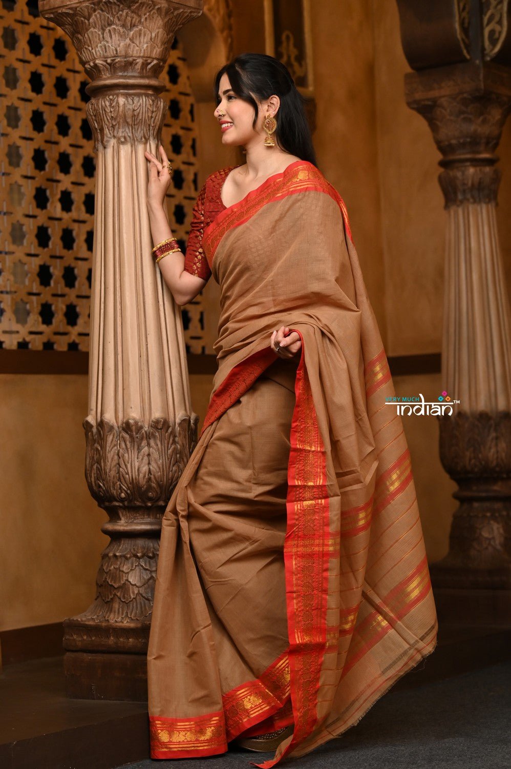 Parampara ~ Pure Cotton Saree in Regal Shady Red with Exclusive Zari Border & Pallu - verymuchindian.com
