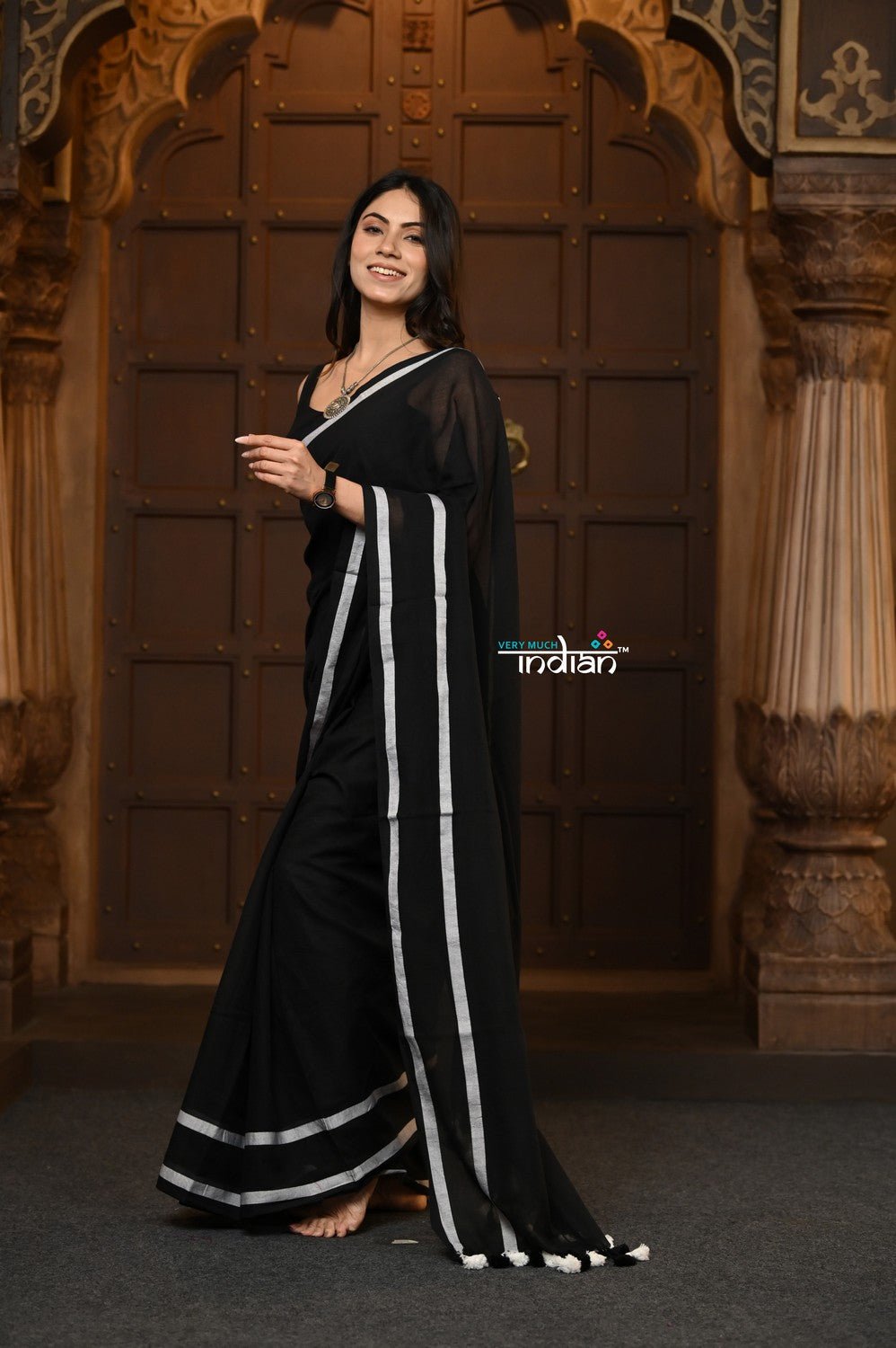 Parampara ~ Pure Mul Cotton Handloom Saree - Black with White Tassels - verymuchindian.com