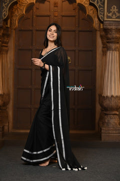 Parampara ~ Pure Mul Cotton Handloom Saree - Black with White Tassels - verymuchindian.com