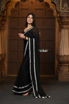 Parampara ~ Pure Mul Cotton Handloom Saree - Black with White Tassels - verymuchindian.com