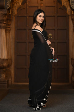 Parampara ~ Pure Mul Cotton Handloom Saree - Black with White Tassels - verymuchindian.com