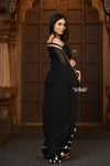 Parampara ~ Pure Mul Cotton Handloom Saree - Black with White Tassels - verymuchindian.com