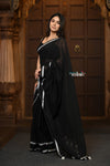 Parampara ~ Pure Mul Cotton Handloom Saree - Black with White Tassels - verymuchindian.com
