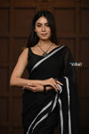 Parampara ~ Pure Mul Cotton Handloom Saree - Black with White Tassels - verymuchindian.com