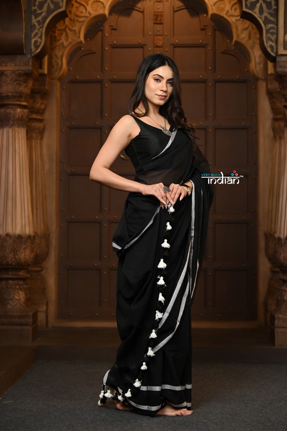 Parampara ~ Pure Mul Cotton Handloom Saree - Black with White Tassels - verymuchindian.com