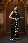 Parampara ~ Pure Mul Cotton Handloom Saree - Black with White Tassels - verymuchindian.com