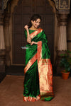 Parampara ~ Pure Silk Muniya Paithani - with Exclusive Lotus Pallu in Bestselling Royal Green - verymuchindian.com