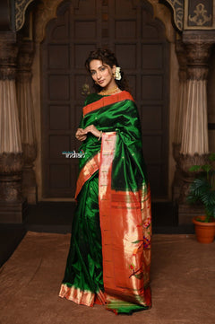Parampara ~ Pure Silk Muniya Paithani - with Exclusive Lotus Pallu in Bestselling Royal Green - verymuchindian.com