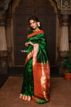 Parampara ~ Pure Silk Muniya Paithani - with Exclusive Lotus Pallu in Bestselling Royal Green - verymuchindian.com