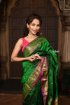 Parampara ~ Pure Silk Paithani with Exquisite Peacock & Lotus Pallu in Royal Green - verymuchindian.com