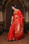 Parampara ~ Pure Silk Paithani - with Most Traditional Double Pallu in Red with Green Border - verymuchindian.com