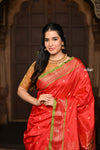 Parampara ~ Pure Silk Paithani - with Most Traditional Double Pallu in Red with Green Border - verymuchindian.com