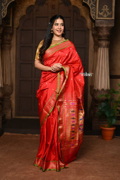 Parampara ~ Pure Silk Paithani - with Most Traditional Double Pallu in Red with Green Border - verymuchindian.com