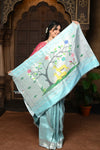 Parampara ~ Pure Silk Paithani with Munia Border, Silver Zari & Divine Deer Pallu in Powder Blue - verymuchindian.com