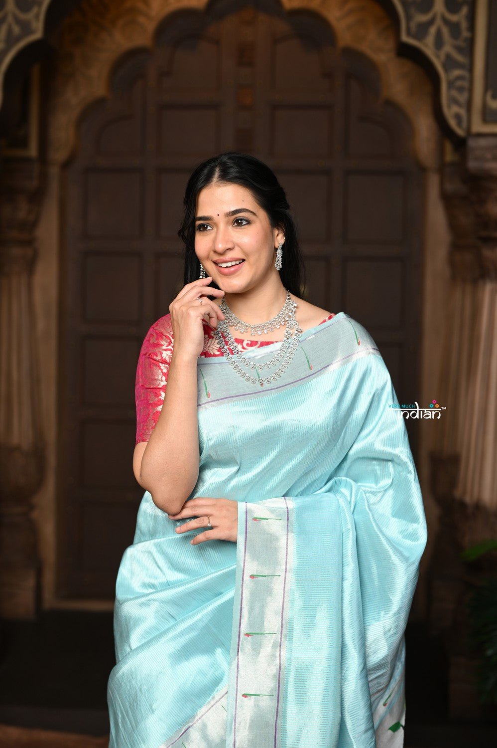 Parampara ~ Pure Silk Paithani with Munia Border, Silver Zari & Divine Deer Pallu in Powder Blue - verymuchindian.com