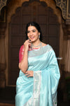 Parampara ~ Pure Silk Paithani with Munia Border, Silver Zari & Divine Deer Pallu in Powder Blue - verymuchindian.com