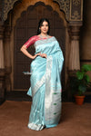 Parampara ~ Pure Silk Paithani with Munia Border, Silver Zari & Divine Deer Pallu in Powder Blue - verymuchindian.com